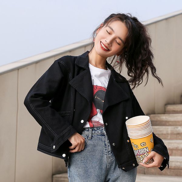 

2019 spring women double breasted jackets harajuku fashion basic coat female vintage jeans jackets slim white denim coats jacket, Black;brown