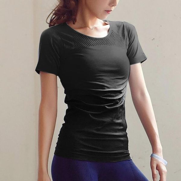 

fashion women quick drying gradient tight casual o-neck fitness gym sports elastic short sleeve t-shirt summer jerseys#p4, Black;blue
