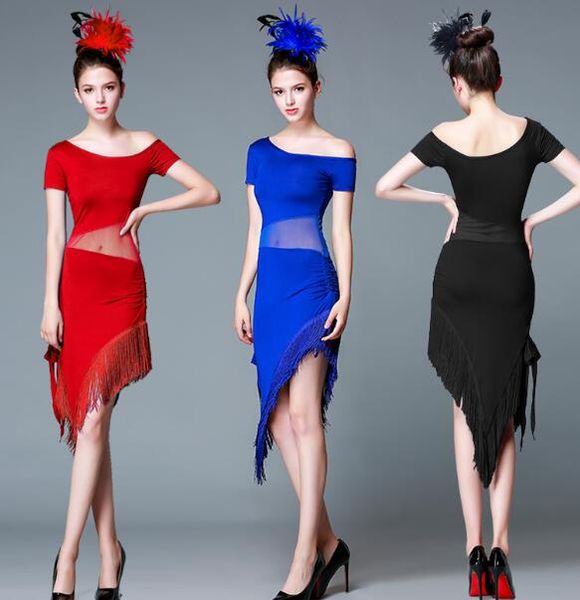 

women's irregular latin dance practice clothes female latino ballroom dresses tassel professional training suit, Black;red