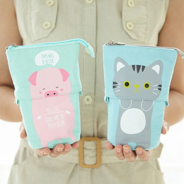 

new canvas cartoon cute cat telescopic pencil pouch bag stationery pen case box with zipper closure