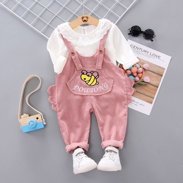 

baby clothes sets toddler kid clothes set cartoon autumn long sleeve infant baby girl t-shirt printing suspender trouserst, White