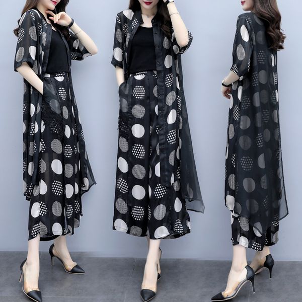

large size two piece set polka dot women 2 piece set and pants ensemble femme deux pieces chiffon conjunto feminino clothes, White