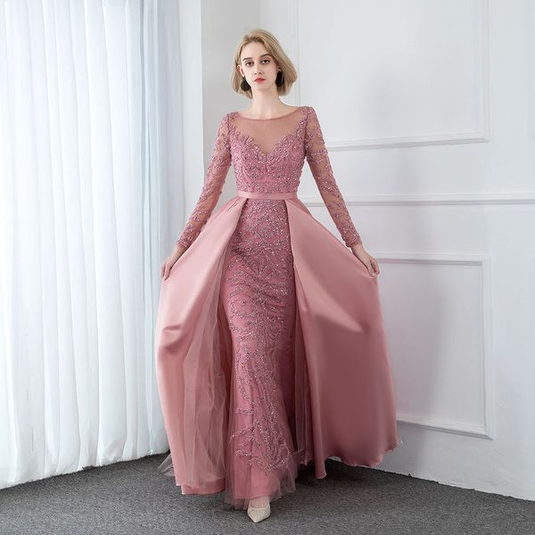 

yqlnne couture pink crystals long sleeve evening dresses formal evening gown mermaid satin dress, White;black