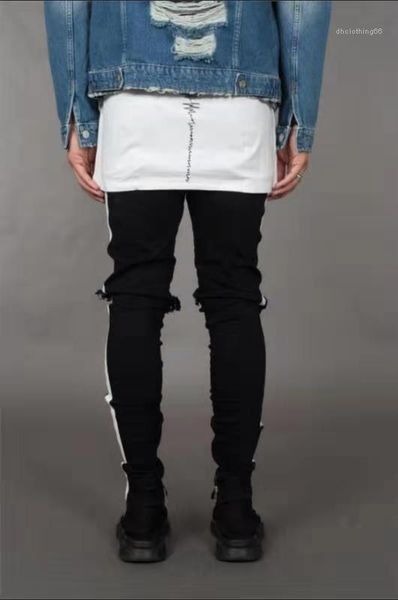 

holes designer white stripes jean hiphop skateboard pencil pants new mens jean pantalones street black, Blue