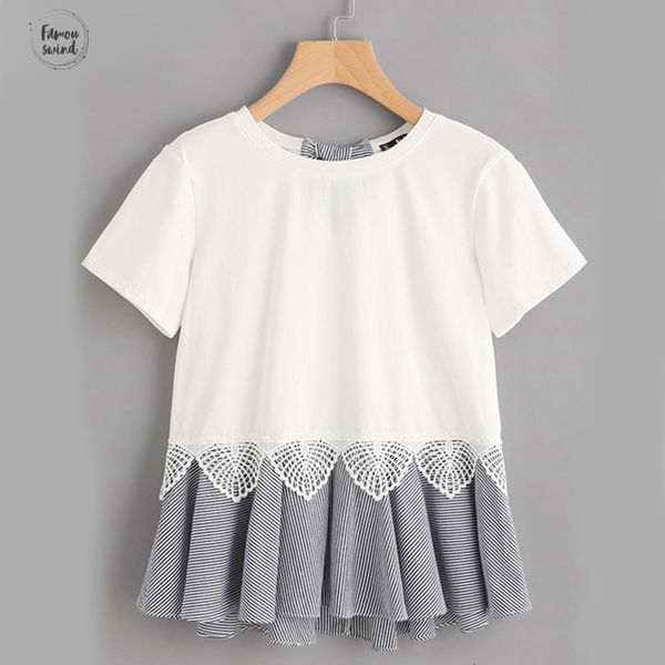 

t shirt striped and ruffle hem mixed tee media crew neck 2019 white lace summer short sleeve round neck