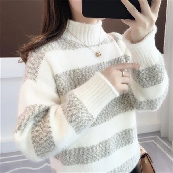 

woman's luxury dsigner stripe turtleneck sweaters women's mink wool pullovers sweater long sleeves four color, White;black