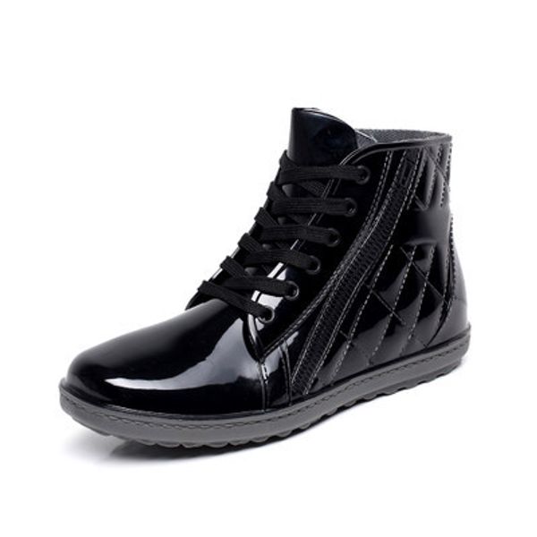 

charming pvc waterproof rain boots waterproof flat with shoes male men rain water rubber ankle boots buckle botas 25-27cm foot, Black