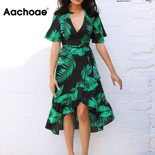 

summer floral print chiffon beach long dress women deep v neck party dress short sleeve casual boho bandage dress vestidos, Black;gray