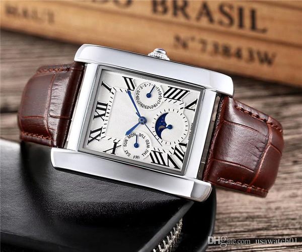 

wholesale mens women luxury watch brown leather strap all subdial work 35mm quartz movement moon phase blue pink casual watch, Slivery;brown