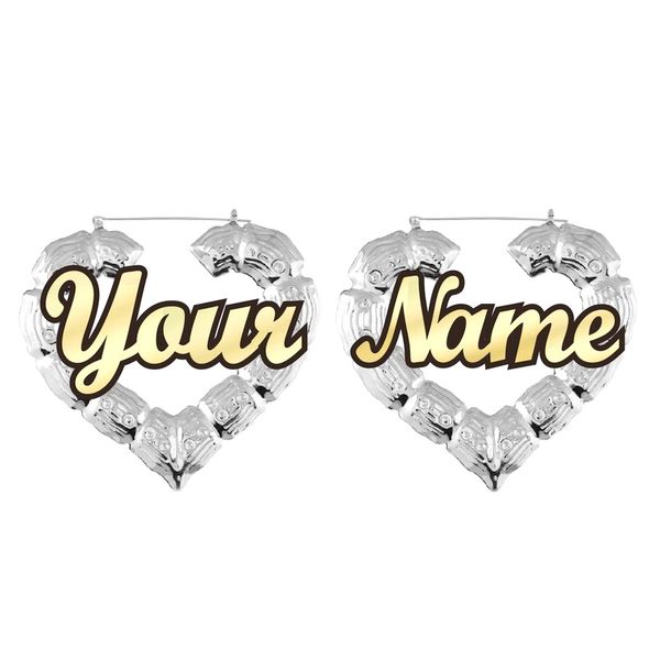 

order any name) celebrity style door knocker customize custom name heart bamboo earrings, Golden