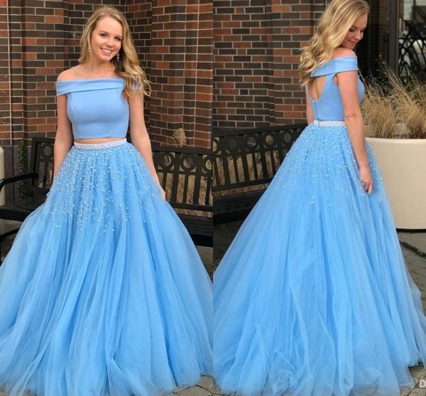 

sky blue two pieces arabic prom dress south african a-line bateau off shoulder long graduation evening party gown plus size custom made, Black