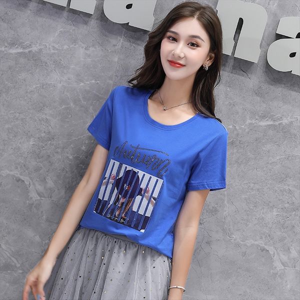 

pure duan xiu 2020 summer dress western style cotton t-shirt jacket cotton t-shirt loose women's short diamond printed top, White