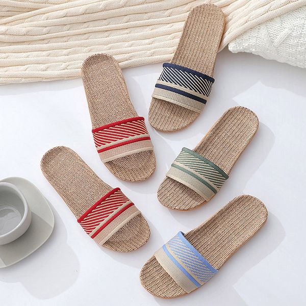 

slippers womens flax anti slides indoor household bedroom flip flops lightweight men lovers shoes, Black