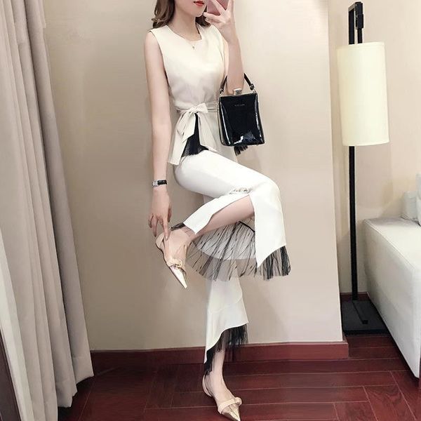 

2020 summer women sleeveless round neck chiffon blouse +wide legs lace pant 2 piece set female two piece suit outfits b53, White