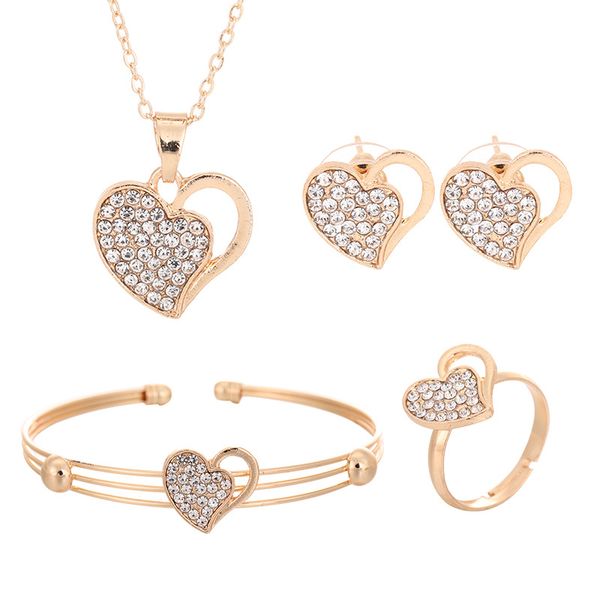 

2019 новинка полный кристалл инкрустированный золотой сплав любовь ожерелье серьги браслет кольцо комплект ювелирных изделий женские украшен, Silver