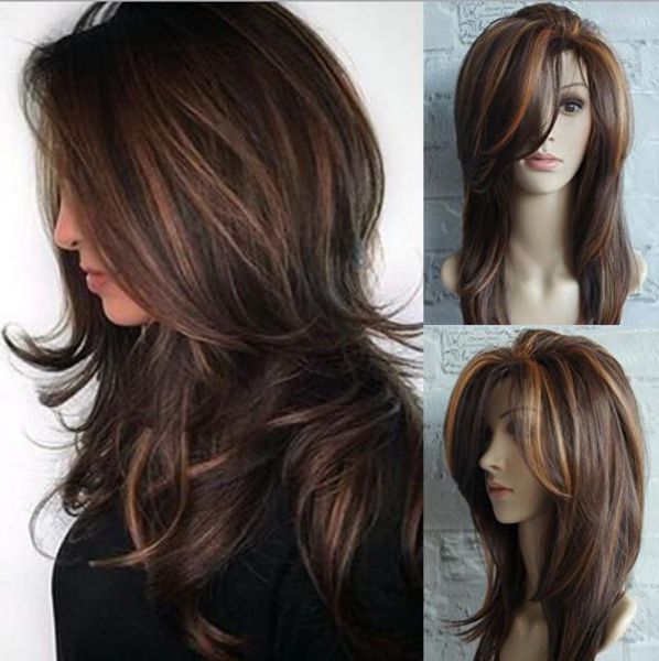 Cheap Sale Ladies Wig Gold Brown Highlights Omber Long Curly Hair