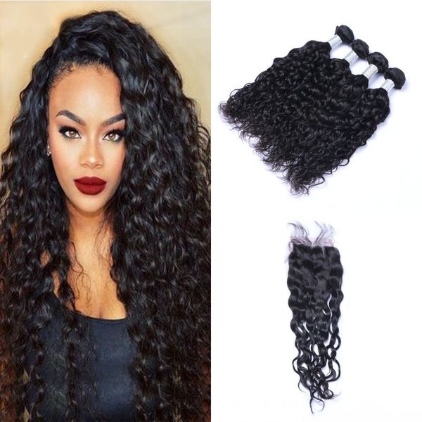 

связки перуанский человеческих волос с закрытие 4 связки волна воды волос с кружевом закрытие деве плетение волос, Black;brown