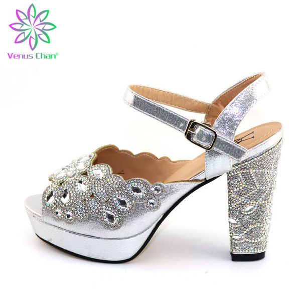 

new arrivals silver color nigerian shoes with shinning crystal comfortable heels for wedding italian style, Black