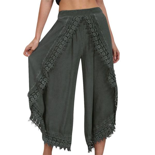 

2020 new womens plus size casual lace loose wide leg leggings elastic waist long pants solid color for ladies dropshipping, Black;white