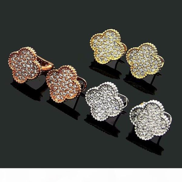 

europe america fashion lady women brass vintage single motif full diamond four leaf flower 18k gold hoop stud earrings size 1.2cm, Golden;silver