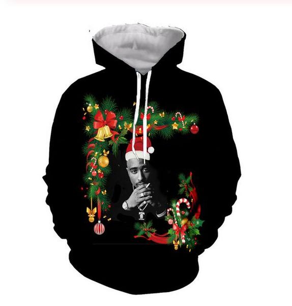 

merry christmas tupac 2pac hoodie hoodies men women long sleeve all over printed pullover hoody casual 3d sweatshirt plus size ssy0147, Black