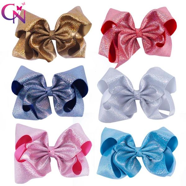 

6 pieces/lot 7" glitter hair bows with clips for kids girl princess handmade large leather bling bows hairgrips hair accessories, Slivery;white