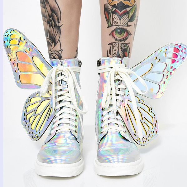 

2019 new women silver sneakers lace up flats casual winter boots shiny butterfly wings ladies short booties fashion zapatillas, Black
