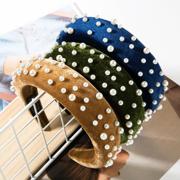 

jouval wide soft velvet headbands pearl hairband for women lady girls fashion retro headwear headpiece female hair accessories, Golden;white