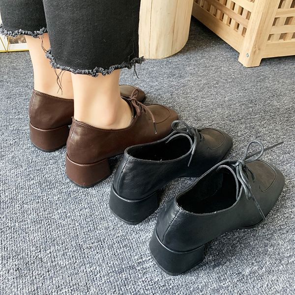 

shoes woman 2019 square toe female footwear casual sneaker british style women's heels modis oxfords new retro dress preppy on, Black