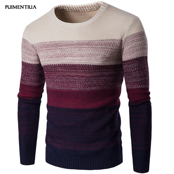 

puimentiua 2019 new fashion men casual pullover round neck knitted sweaters long sleeve slim gradient color knitwear homme, White;black