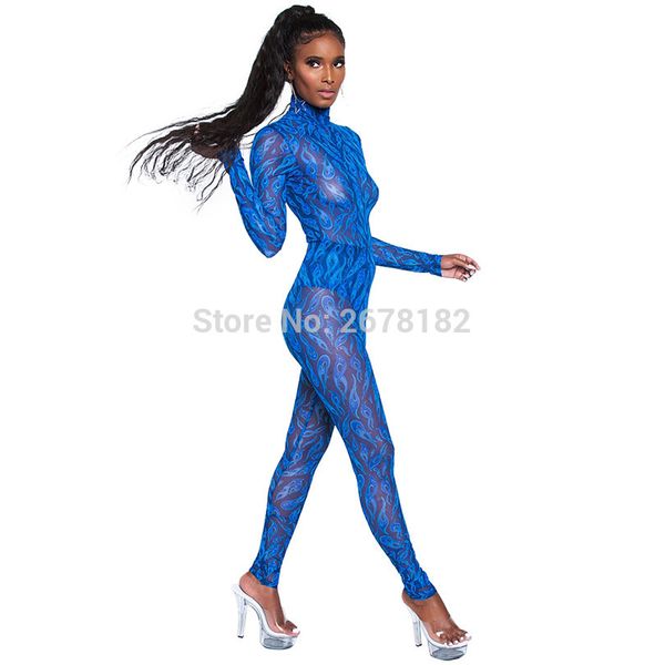 

blue see through mesh spliced bodysuit women o neck long sleeve slim jumpsuit autumn party club printed overall g0133, Black;white