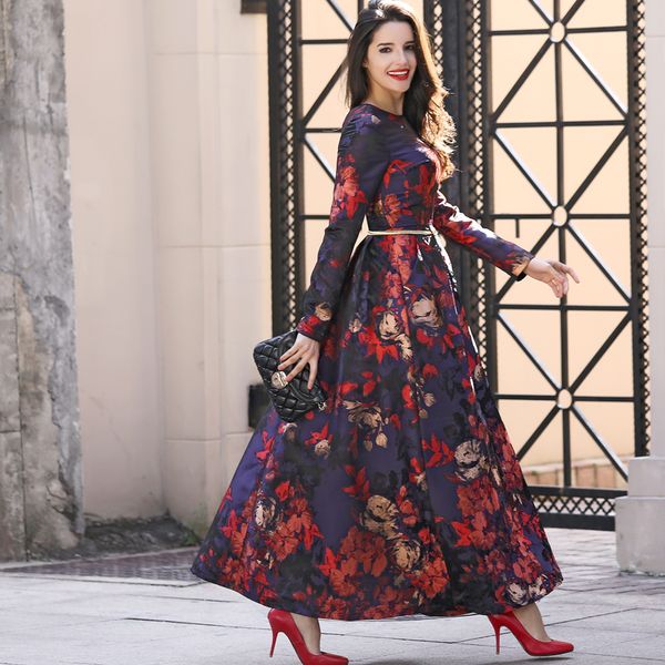 

plus size quality muslim women long sleeve long maxi dubai abaya dress fashion floral jacquard dress elegant fall vintage s-4xl, Red