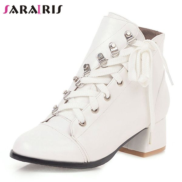

sarairis plus size 34-44 new elegant solid lace-up booties ladies fashion decorating ankle boots women 2019 heels shoes woman, Black