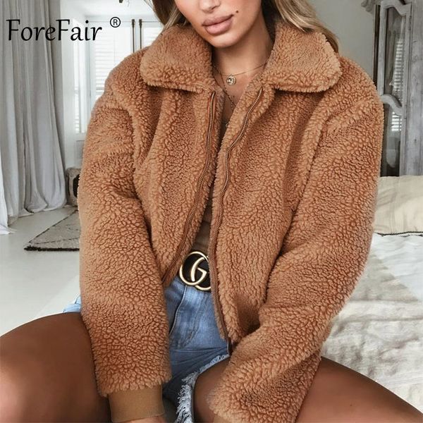 

forefair winter short faux fur coat women oversize casual pockets warm colored natural fake fur teddy bear bomber jacket female, Black;brown
