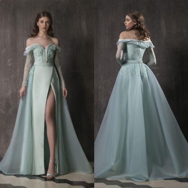 

sage long sleeves lace prom dresses off the shoulder overskirt side split formal dress a line floor length organza evening gowns, Black
