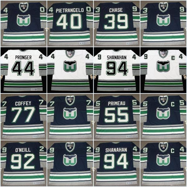 

Hartford Whalers Jersey 27 JEFF BROWN 1995 39 KELLY CHASE 40 FRANK PIETRANGELO 44 CHRIS PRONGER Vintage Hockey Jerseys