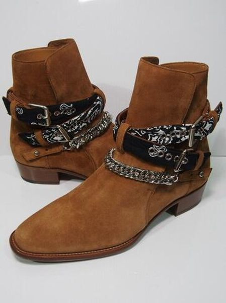 

man new brand bandana buckle boots brown genuine suede leather luxury fashion designer kanye west rock cowboy bad boy ami ri shoes, Black