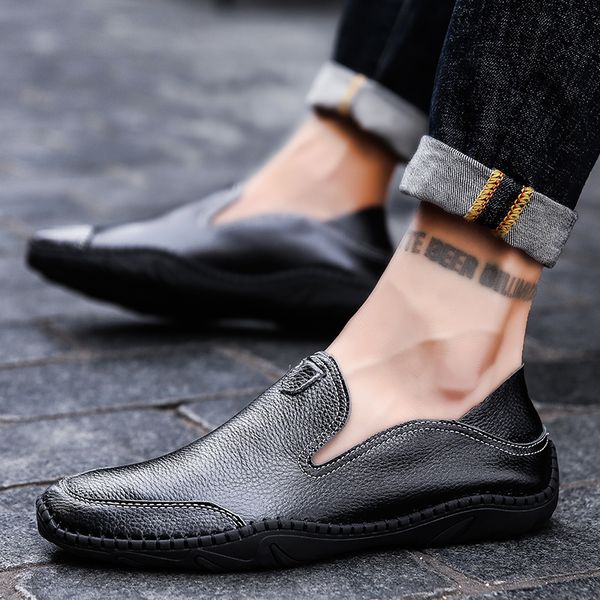

genuine leather men shoes slip on men casual shoes new fashion breathable male footwear four season big size 38-56, Black