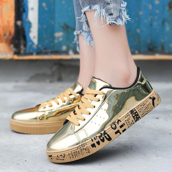 

gnome new gold patent leather glossy casual shoes men big size 36-47 couple shoes brand graffiti male leather driving shoes, Black