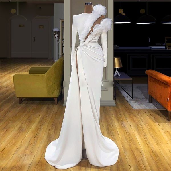 Afrikanische weiße Meerjungfrau Abendkleider mit langen Ärmeln Falten Rüschen High Side Split Abendkleid Sexy Satin Günstige Partykleider Robe de Soiree