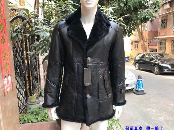

2018 formal men's genuine sheepskin leather shearing coat wool cashmere lined winter clothing jacket for male black high quality