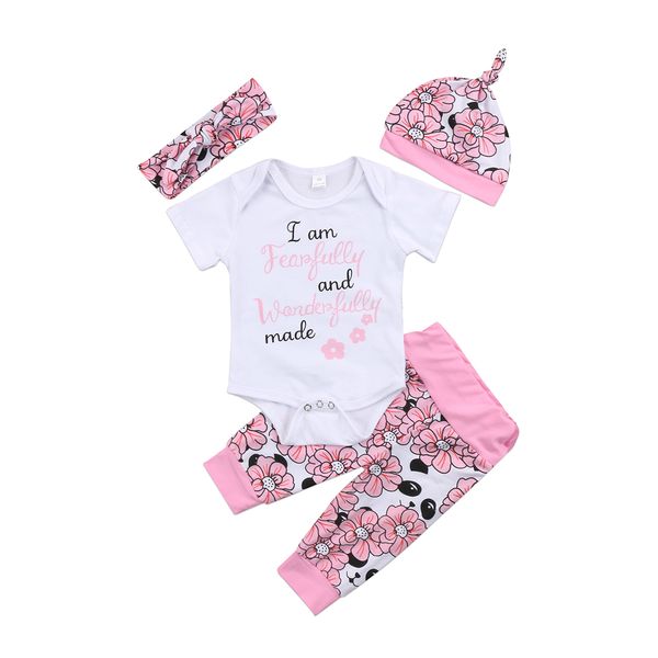 

4pcs set newborn baby girls panda romper bodysuit+long pants hat outfits clothes, White