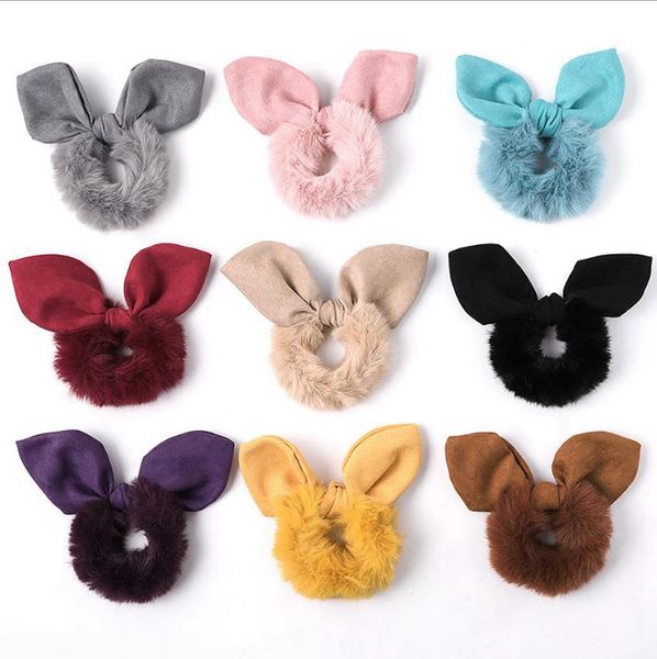 

rabbit ears hairband solid plush scrunchie hair tie ring ropes elastic hair rubber band girls ponytail holder hair accessories 200pcs dw4965, Slivery;white