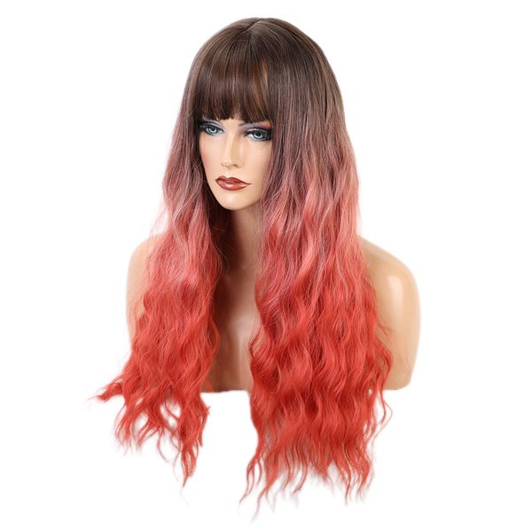 

brown coral ombre long curly wavy wig, 24 inches hair replacements wigs with flat bangs, synthetic hair wig, natural looking, Black