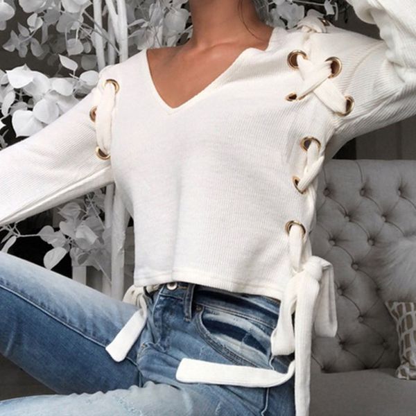 

winter woman sweaters autumn knitting pullovers female v neck lace up solid color knitwear casual streetwear pull femme xl, White;black