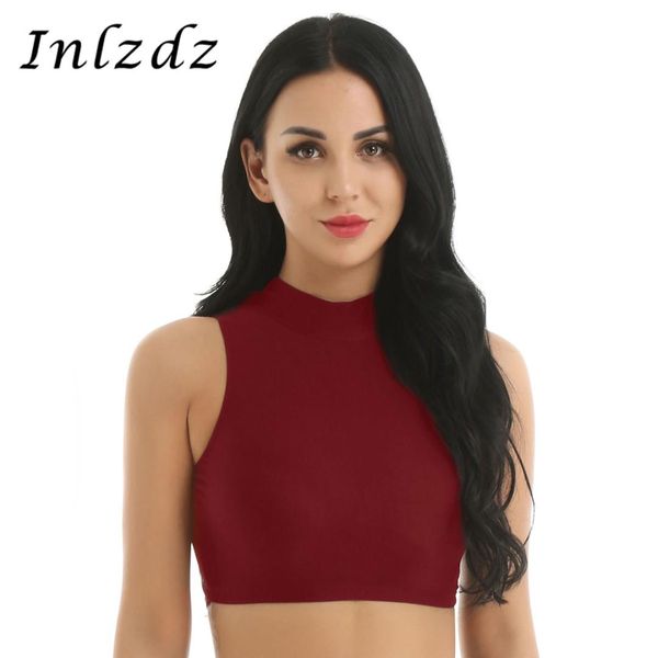 

womens gymnastics leotard mock neck sleeveless strappy back criss cross crop for yoga sport gymnastics latin dancewear, Black;red