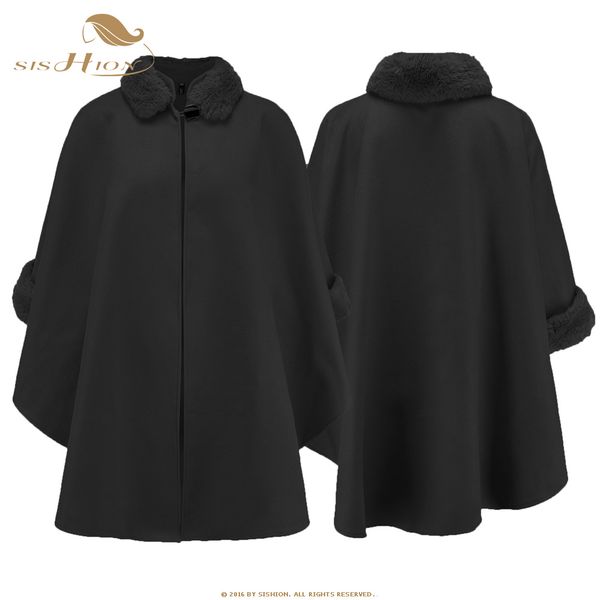 

sishion new 2019 autumn winter womens cloak fur collar plus size qy0329 wool blends coat long coats outerwear, Black