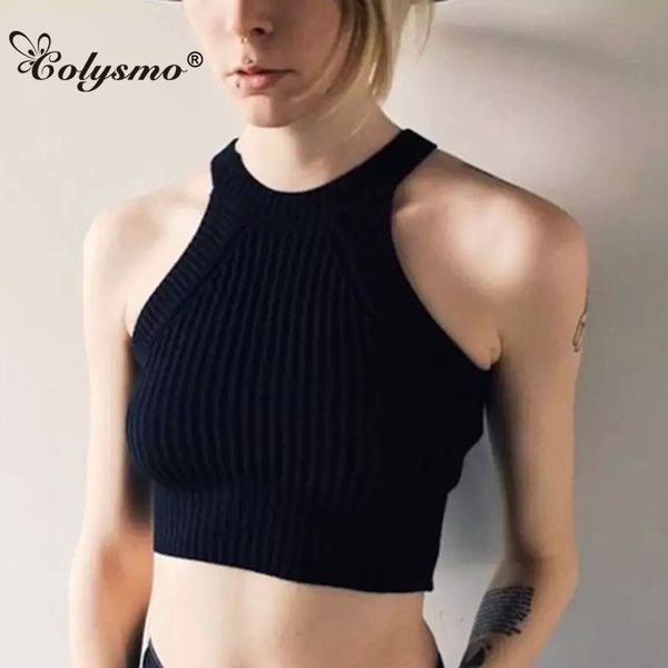 

colysmo new womens halter cut away tight knit crop cropped sleeveless camis tank beach sweater, White