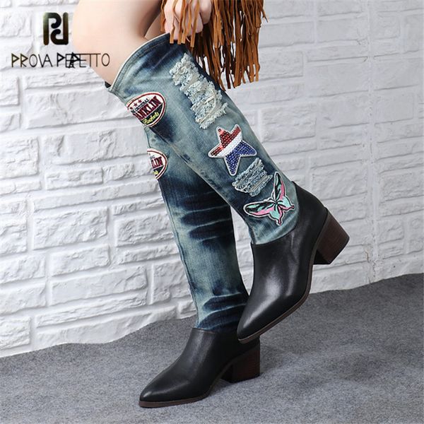 

prova perfetto appliques women knee high boots chunky high heel denim boot pointed toe slip on female jean botas mujer, Black