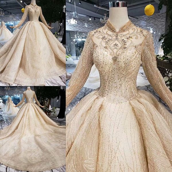 2019 New Gold Ball Gown Dubai Abiti da sposa con maniche lunghe Collo alto Lusso in rilievo Arabo Abito da sposa colorato Couture Custom Made Real